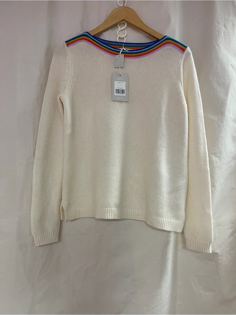 Boden Women’s 100% Cashmere Ivory Rainbow Trim Sweater Size S NWT - Picture 2 of 10